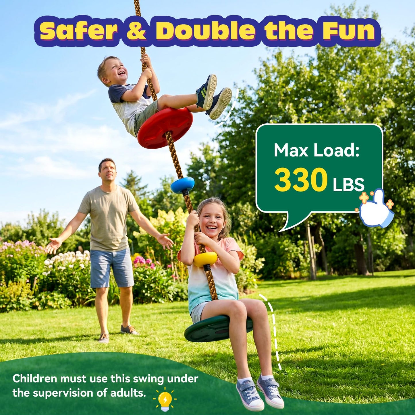 HeyZoo Tree Swing for Kids 330LB Capacity, Climbing Rope with Platforms and Disc Swing Seat Set Outdoor Backyard Playground Accessories with Carabiners and Thickened Strap, Green