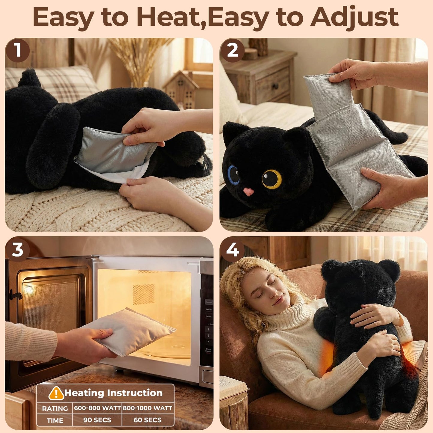 Mewaii Weighted Stuffed Animals 5 lbs Adjustable, Heated & Coolable 23 Inch Plush for Realistic Hug, Microwavable Removable Inner Pad, Cat Gifts for Adults & Kids (Black)
