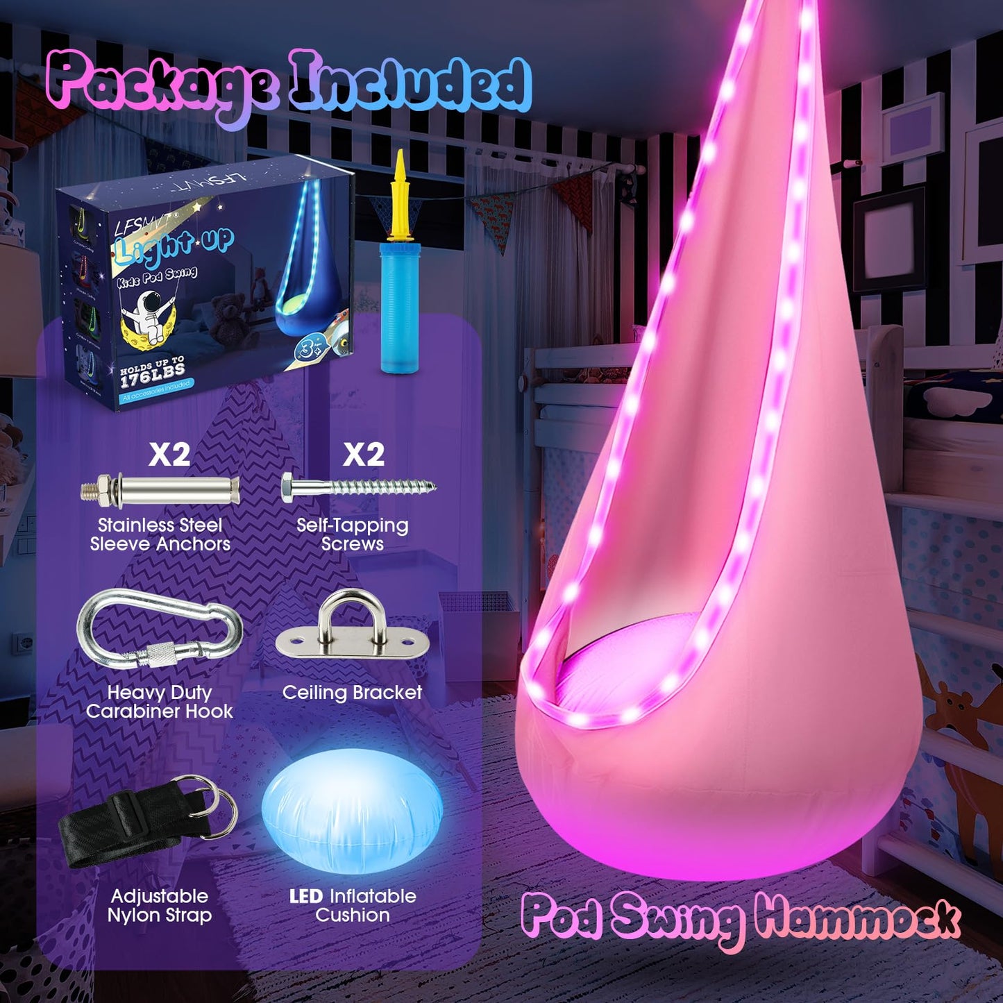 Light Up Kids Pod Swing Seat, Upgraded Kids Hanging Hammock Swing with LED Lights, Cotton Sensory Pod Swing Chair with Inflatable Pillow, Pod Swing for Kids Indoor & Outdoor (1 PCS) (Blue)