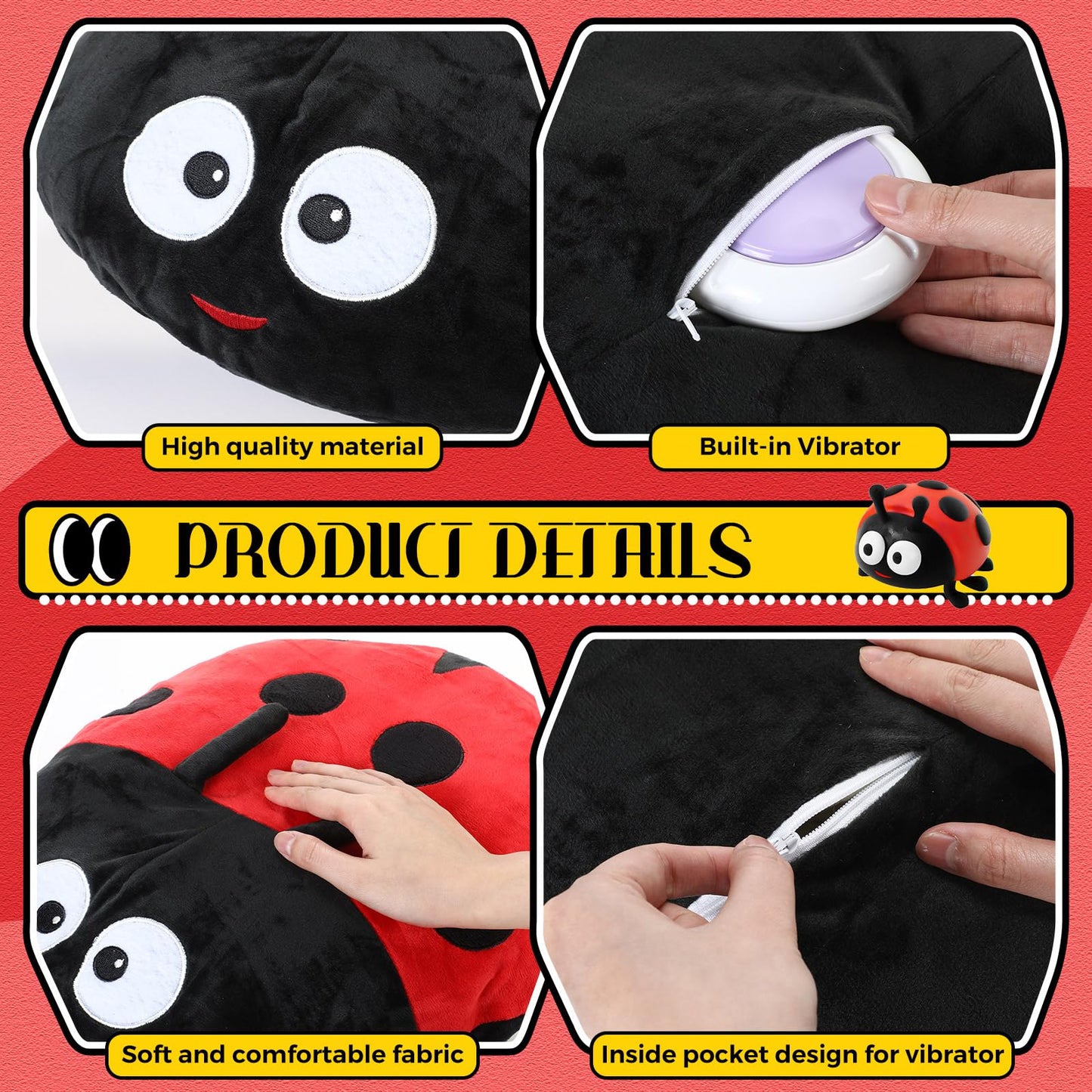 Kigley Ladybug Sensory Vibrating Pillow for Autistic Adults, Pressure Activated Vibrating Stuffed Animal Plush Soft Textured Therapy Stimulation for Relieve Pain Stress Holiday Birthday Party Gifts