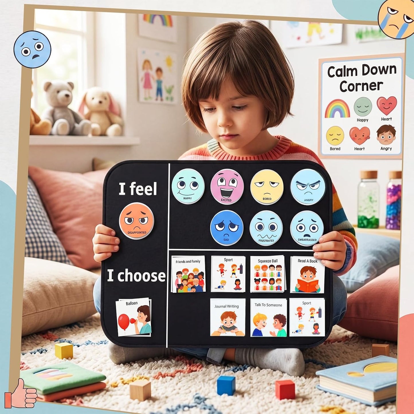 Feelings Chart for Kids Emotions Chart Mental Health Posters Calm Down Corner Supplies for Toddlers School Classroom Therapy Office Preschool Nursery Decor
