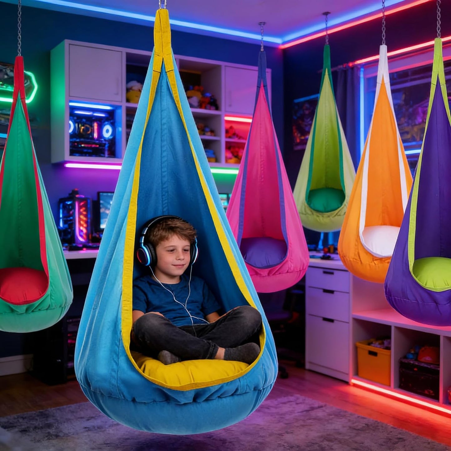 New Kids Pod Swing Chair, Indoor Hanging Swing for Bedroom, Sensory and Balance Play, Cozy Nook for Reading, Relaxing, and Playtime, Indoor Kids Hammock, Pod Swing for Boys and Girls