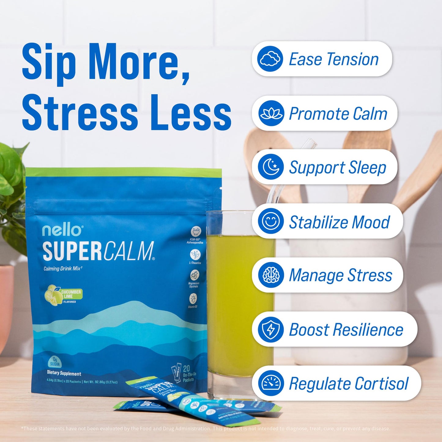 Nello Supercalm Powdered Drink Mix, Cortisol Reducer and Sleep Aid Supplement, L Theanine, Ksm-66 Ashwagandha, Magnesium Glycinate, Vitamin D 3, No Sugar, Non GMO, On The Go, 20 Ct, Raspberry Lemonade