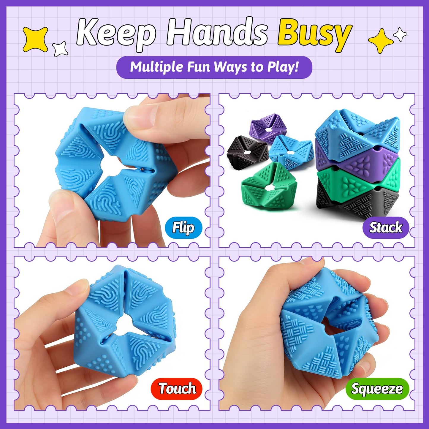 Sensory Fidget Toys, 4PCS Textures Sensory Flip Cube Quiet, Silicone Anxiety Relief for Autism ADHD, Novelty Toy for Kids or Adults, Best Gifts