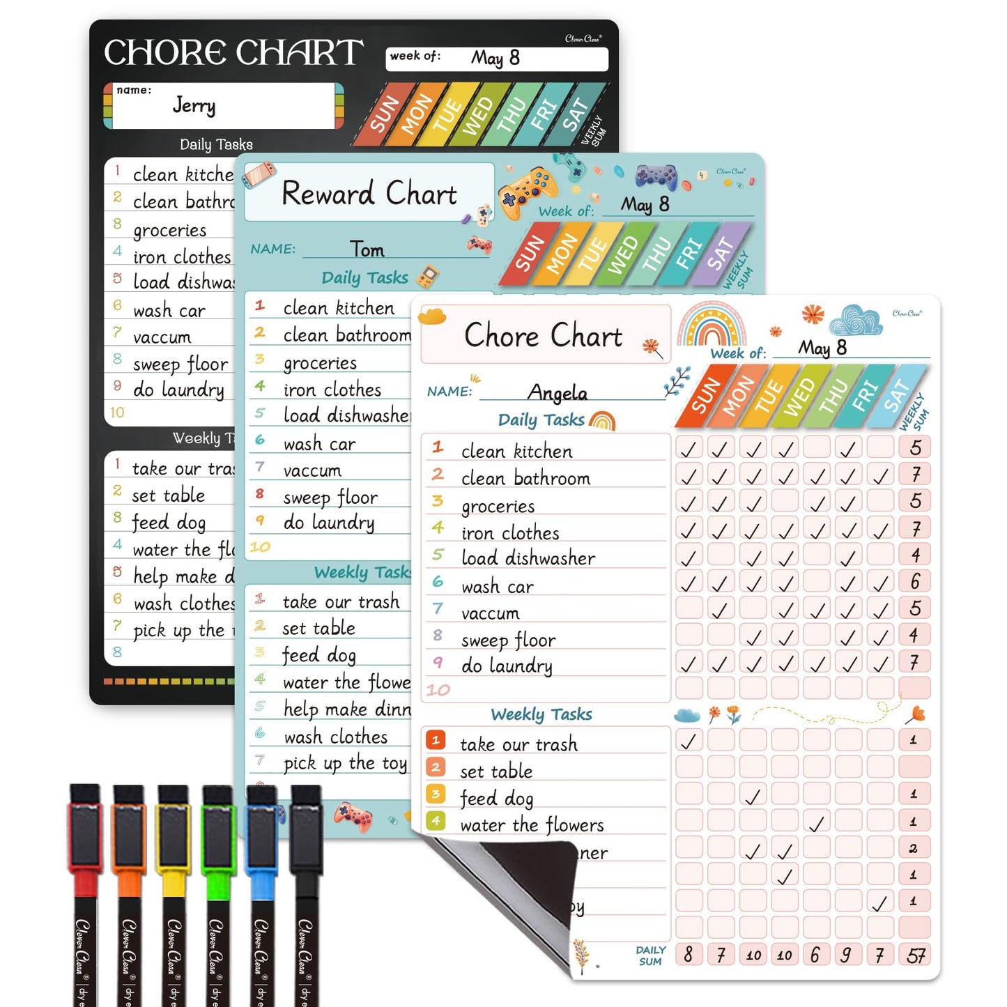 Magnetic Dry Erase Chore Chart - 8.5"x11" Behavior Responsibility Chore Board, Reward Chart for Kids, Teenagers - 6 Extra Fine Point Markers Included - Shipped Flat