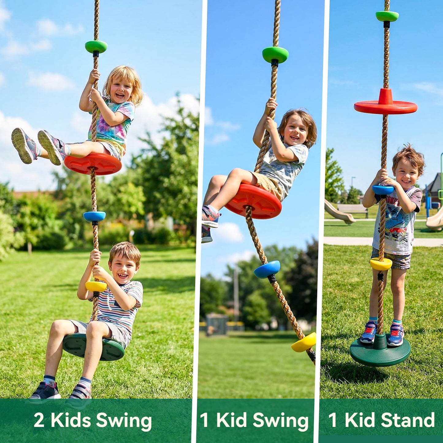 HeyZoo Tree Swing for Kids 330LB Capacity, Climbing Rope with Platforms and Disc Swing Seat Set Outdoor Backyard Playground Accessories with Carabiners and Thickened Strap, Green