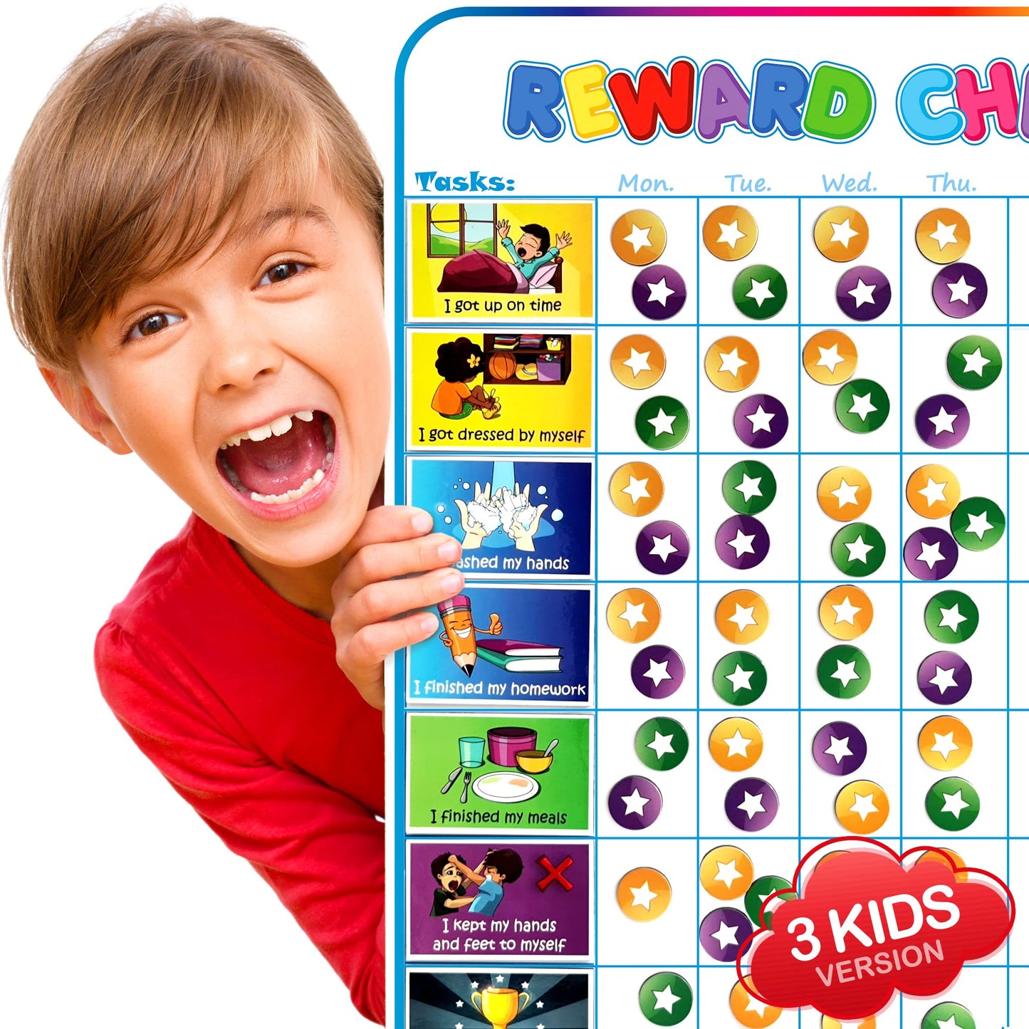 Large Magnetic Reward Chart for Kids - 127 Pre-Written Stickers (Including Potty Training) + 30 Customizable Chores - Behavior, Responsibility & Incentive Routine Star Chart for Fridge (1 Kid Version)