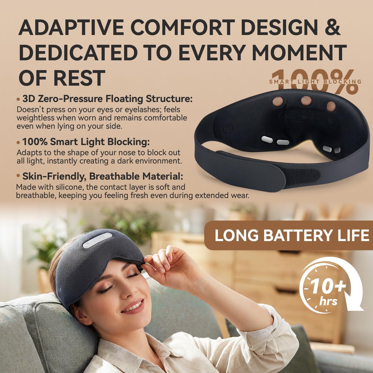 𝐀𝐈-𝐏𝐨𝐰𝐞𝐫𝐞𝐝 Neuro Sleep Eye Masks+Sleep Aid+Sleep Analysis with Hot Compress/Vibration Massage/Voice Prompt/Relaxing Music/Light Shielding/Mild Sensory Feedback/Adjustable Strap/Box, Balck