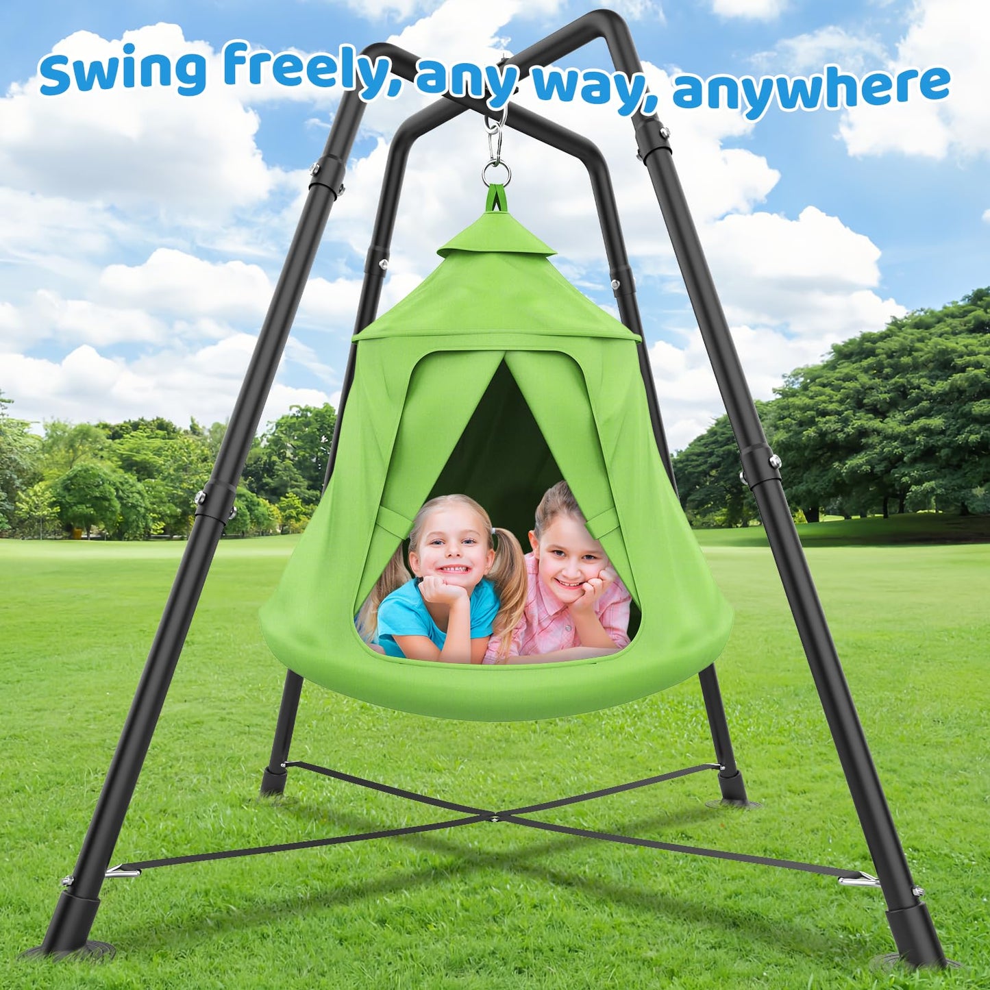 Swing Set with Tent Swing, X-Shaped Swing Frame with Sensory Swing, Metal 32mm Diameter Swing Stand with Tent Swing, 330 lbs Capacity, w/Rainbow Lights String, Indoor/Outdoor Use (Green)
