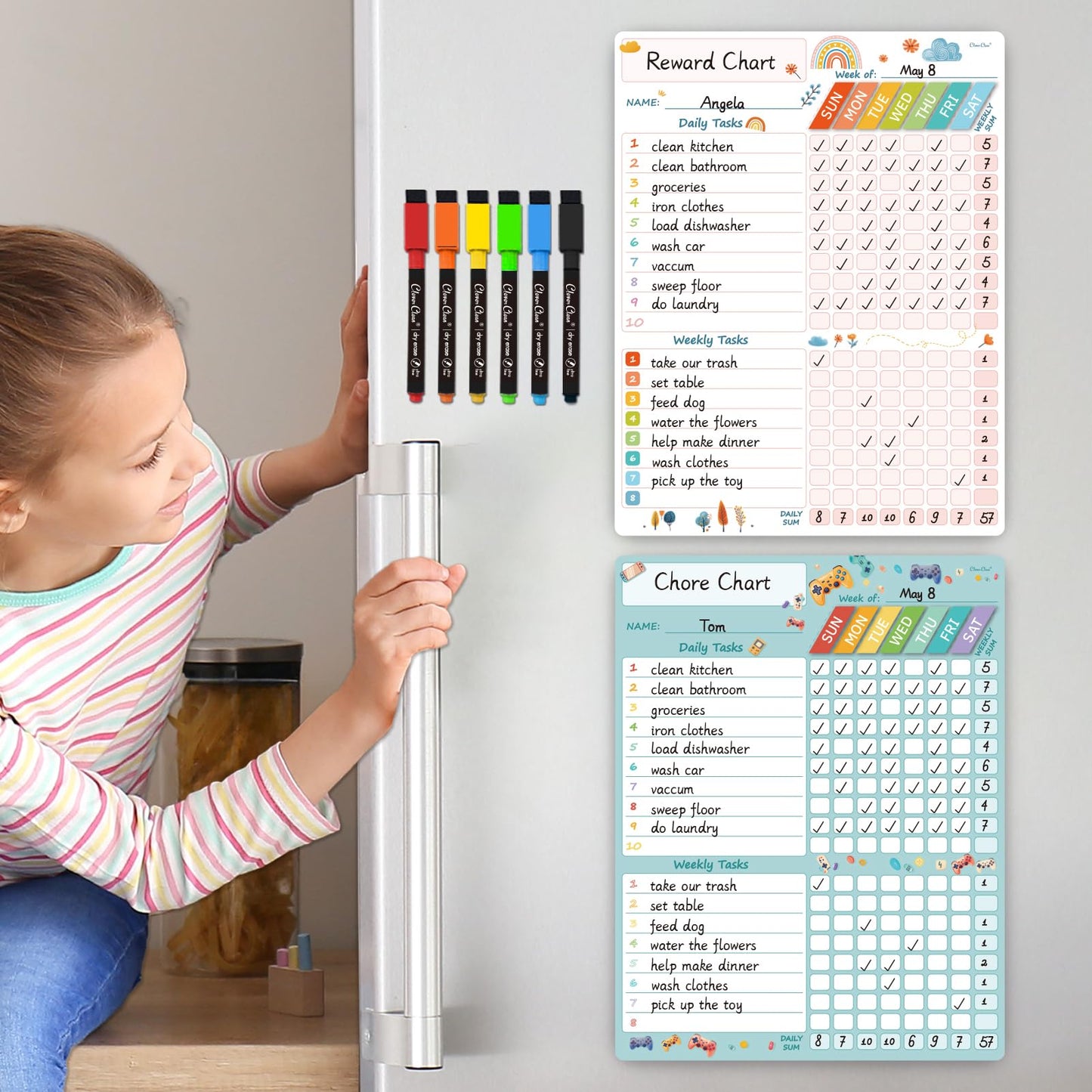 Magnetic Dry Erase Chore Chart - 8.5"x11" Behavior Responsibility Chore Board, Reward Chart for Kids, Teenagers - 6 Extra Fine Point Markers Included - Shipped Flat
