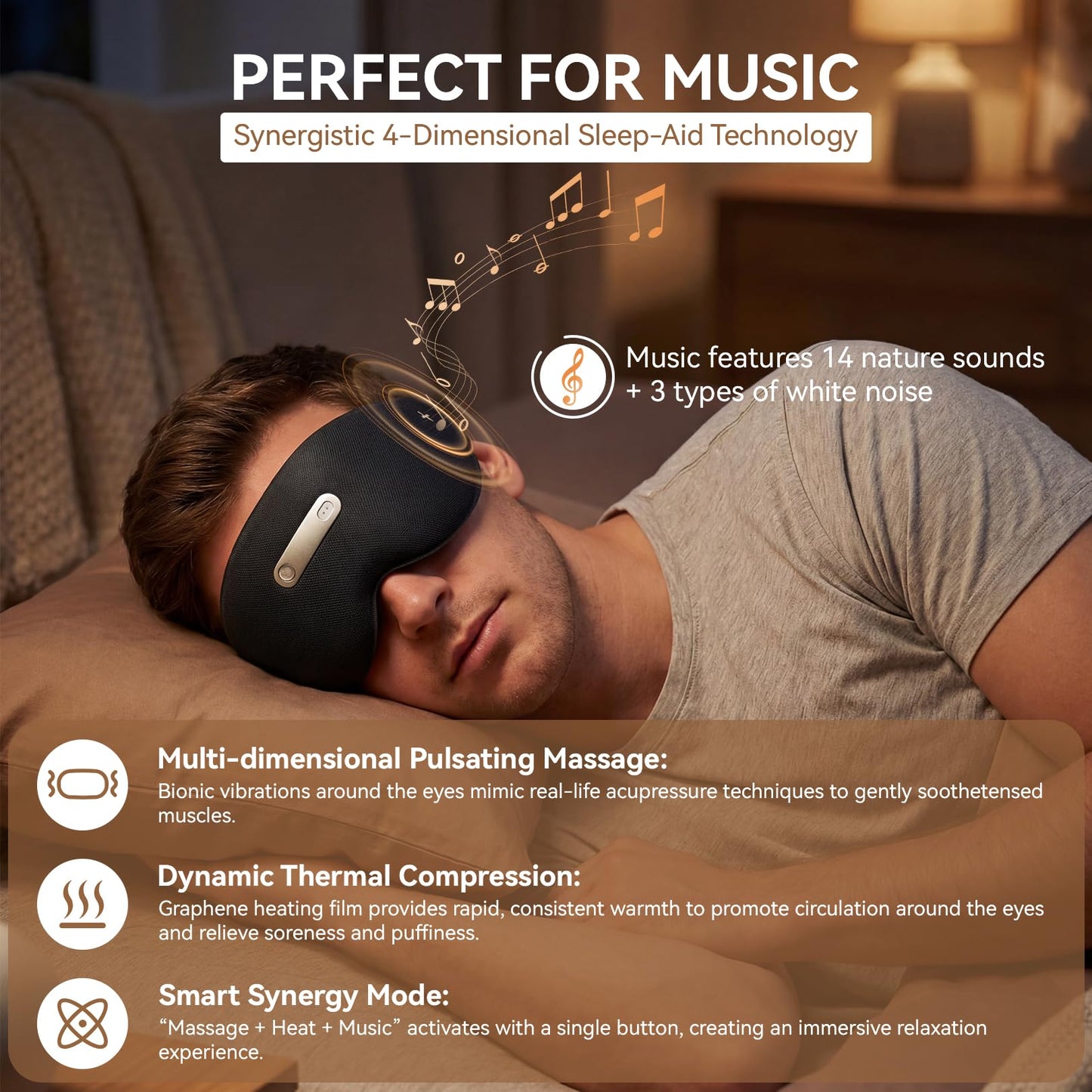 𝐀𝐈-𝐏𝐨𝐰𝐞𝐫𝐞𝐝 Neuro Sleep Eye Masks+Sleep Aid+Sleep Analysis with Hot Compress/Vibration Massage/Voice Prompt/Relaxing Music/Light Shielding/Mild Sensory Feedback/Adjustable Strap/Box, Balck