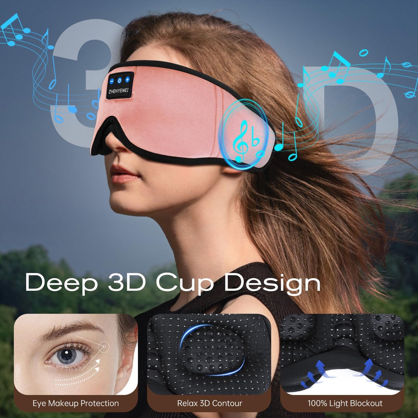 Bamboo Cotton Large Sleep Mask with Bluetooth Wireless Headphones - Blackout Eye Mask for Sleeping 3D Contoured Sleep Eye Cover Headband Ear Plugs Low Noise Hook for Men Women Better Experience (Grey)