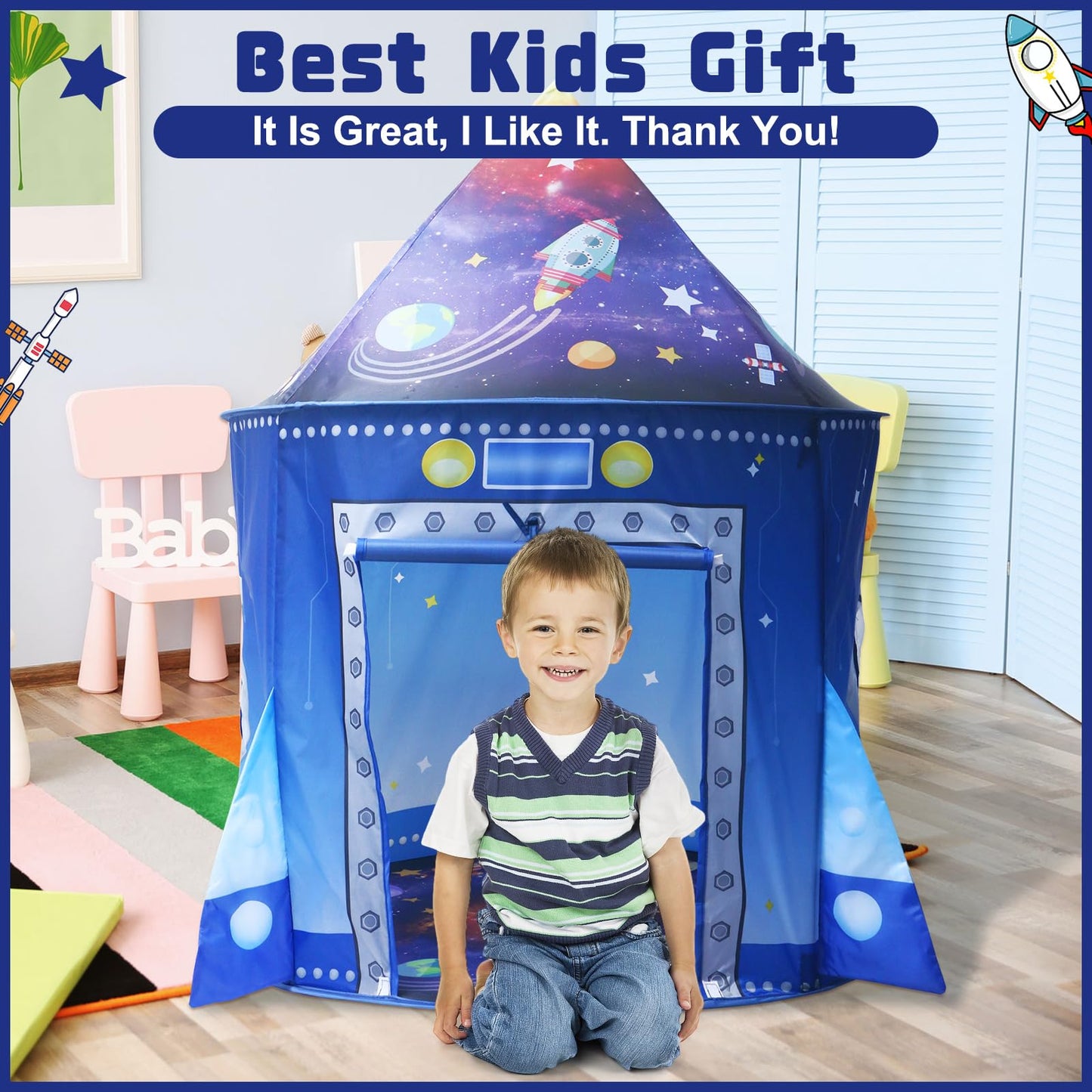 Kaivee Space World Play Tent Pop Up Kids Indoor Sensory Playhouse Children Foldable Kids Tent for Boys Girls Toddler as 3 4 5 6 7 Years Gift as Birthday Christmas Toys
