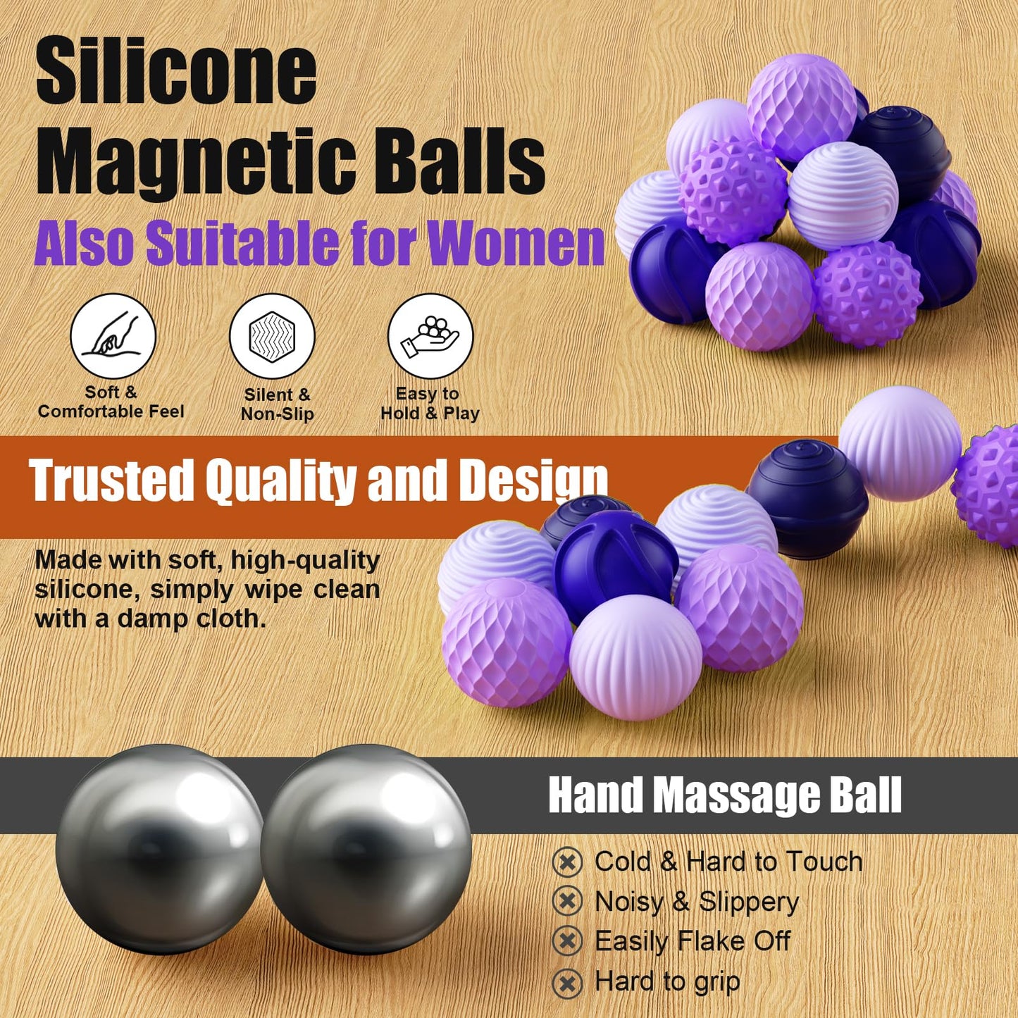 Silicone Magnetic Balls, Fidget Toys, 6-Pack Stress Relief Toys for Adults, Teens, Sensory Toy for Fingers Hands, Quiet Office Desk Toys with Textures, Magnet Fidget Fun Gift (Purple)
