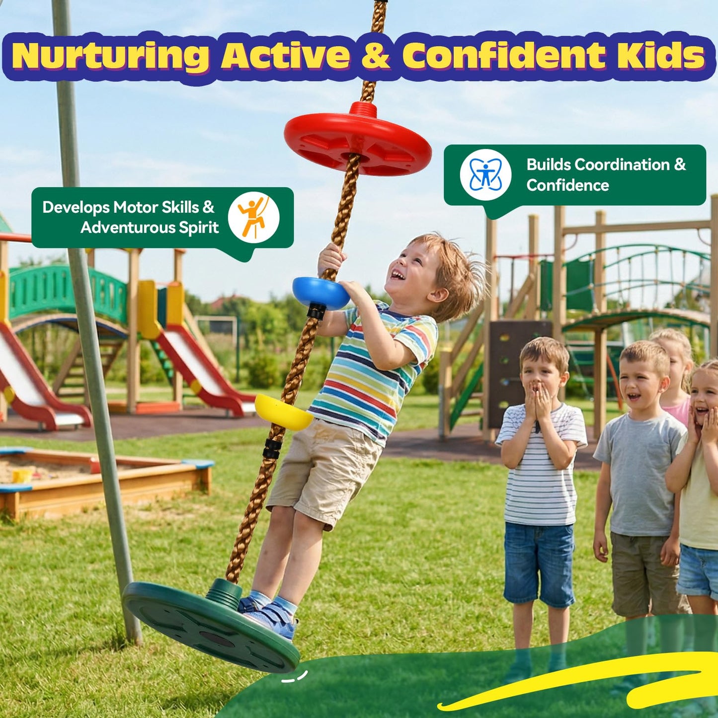 HeyZoo Tree Swing for Kids 330LB Capacity, Climbing Rope with Platforms and Disc Swing Seat Set Outdoor Backyard Playground Accessories with Carabiners and Thickened Strap, Green