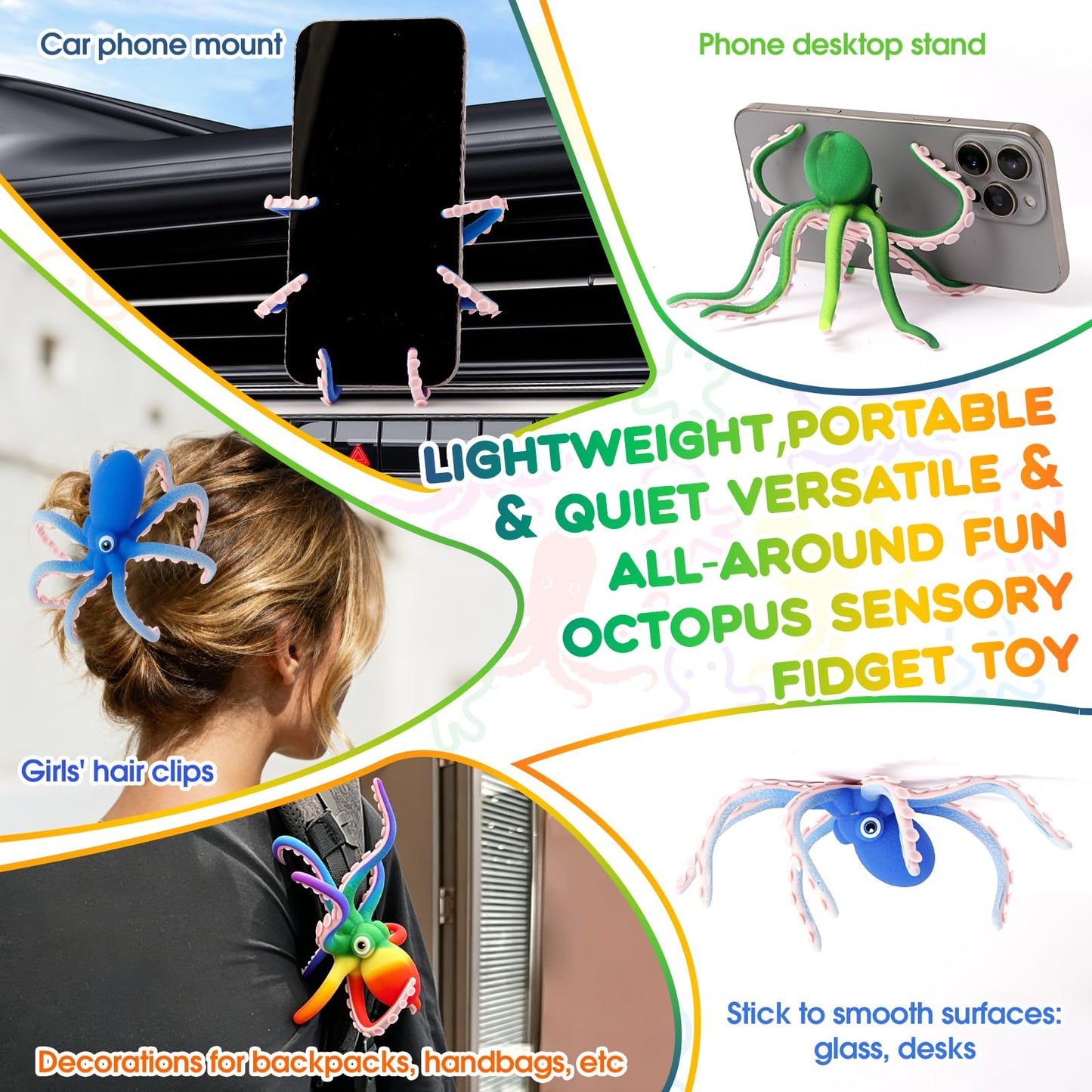 Octopus Fidget Toy - Sensory Stress Relief Toy with Suction Cups for Kids Teens and Adults - Bendable Tentacles Squishy Toy for Anxiety Relief (2 Pcs-Camoblue&Rainbow)