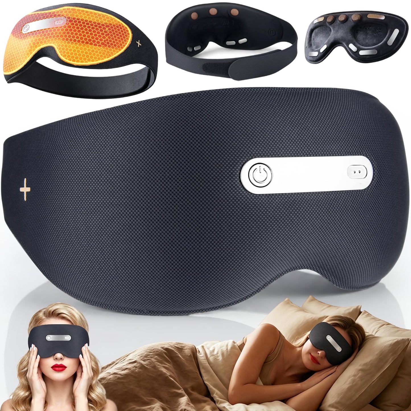 𝐀𝐈-𝐏𝐨𝐰𝐞𝐫𝐞𝐝 Neuro Sleep Eye Masks+Sleep Aid+Sleep Analysis with Hot Compress/Vibration Massage/Voice Prompt/Relaxing Music/Light Shielding/Mild Sensory Feedback/Adjustable Strap/Box, Balck
