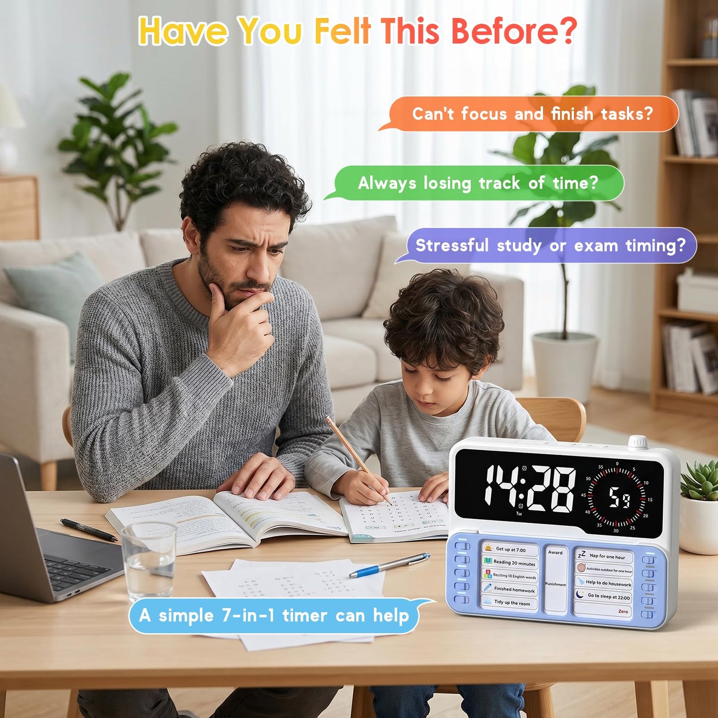 7-in-1 Visual ADHD Timer for Kids with Chore Chart Board, ADHD Tools Schedule for Kids with Autism, Alarm, Countdown, Date, Temperature, Storage, Daily Checklist for Home/School/Classroom/Desk(Pink)