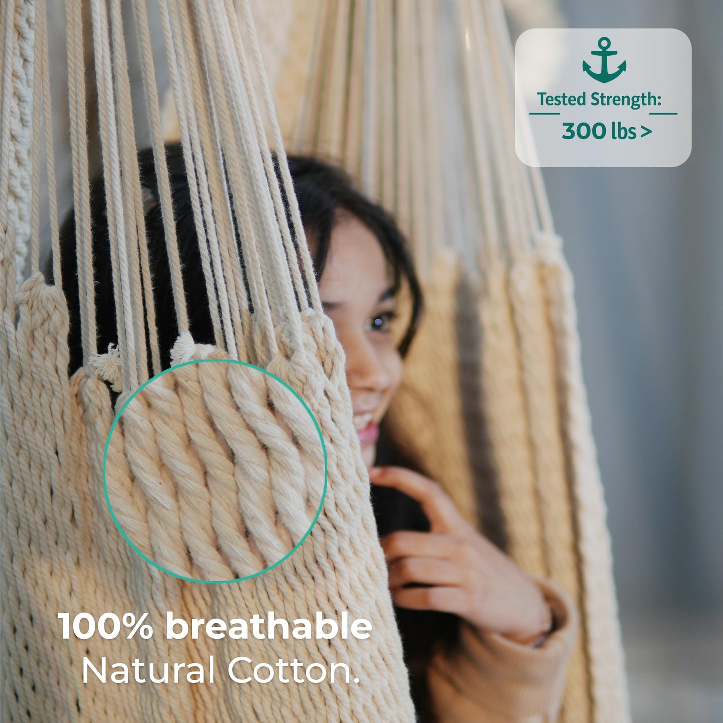 Abby & Noah Natural Handwoven Cotton Sensory Swing for Kids & Adults | Autism ADHD Therapy Swing with Hug-Like Calming Effect | Indoor Hanging Sensory Hammock | Holds Up to 300 lbs (Large-108 x76)