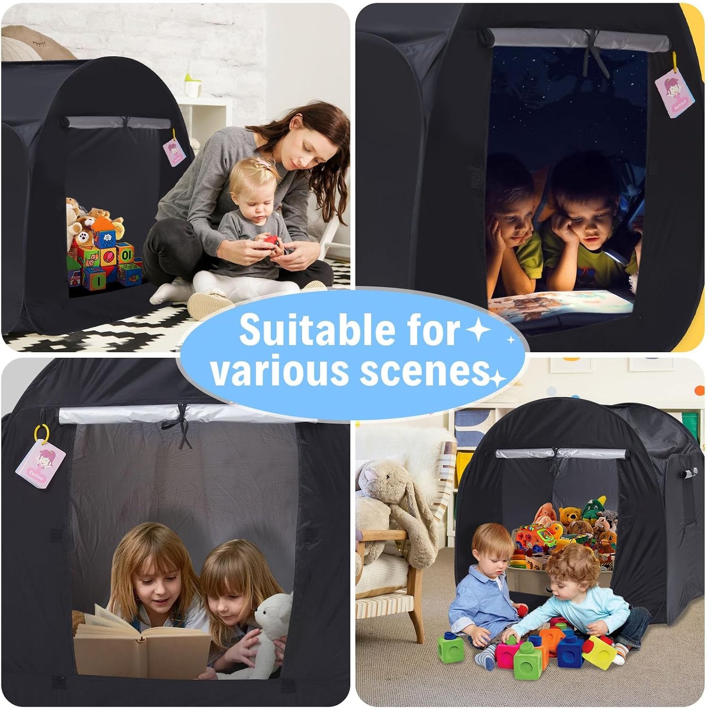 Kids Pop-up Sensory Tent, Foldable Blackout Tent for Children with Autism and ADHD, Calm Corner with Cognitive Toys Included, with Mesh Windows， Ideal for Kids with Special Sensory Needs | Includes Sensory Mats, Emotion Flashcards, Counting Toys, 35.4" Co