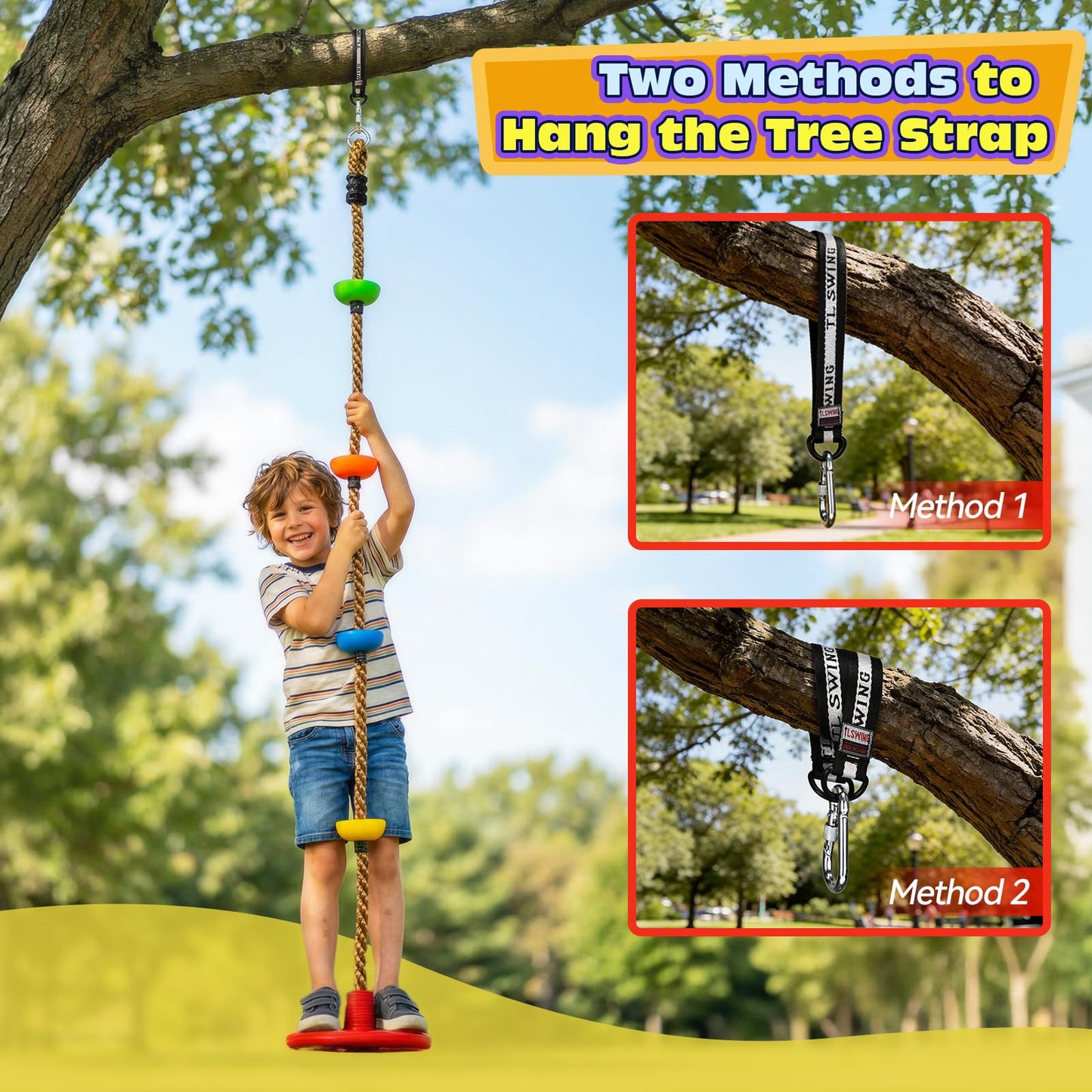 HeyZoo Tree Swing for Kids 330LB Capacity, Climbing Rope with Platforms and Disc Swing Seat Set Outdoor Backyard Playground Accessories with Carabiners and Thickened Strap, Green