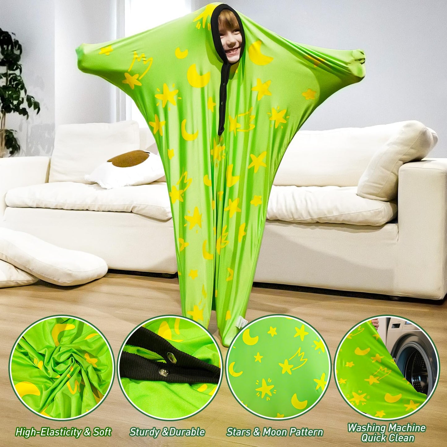 Sensory Body Sock, 47" x 27" Sensory Sack Premium Sensory Sock Glow in The Dark for 6-9 Autistic Children, Good for Height: 41"-51" Medium, Green
