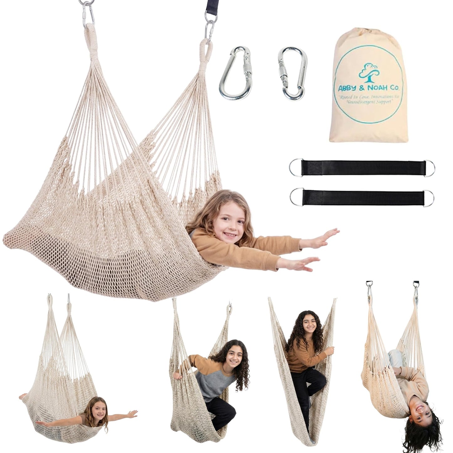 Abby & Noah Natural Handwoven Cotton Sensory Swing for Kids & Adults | Autism ADHD Therapy Swing with Hug-Like Calming Effect | Indoor Hanging Sensory Hammock | Holds Up to 300 lbs (Large-108 x76)