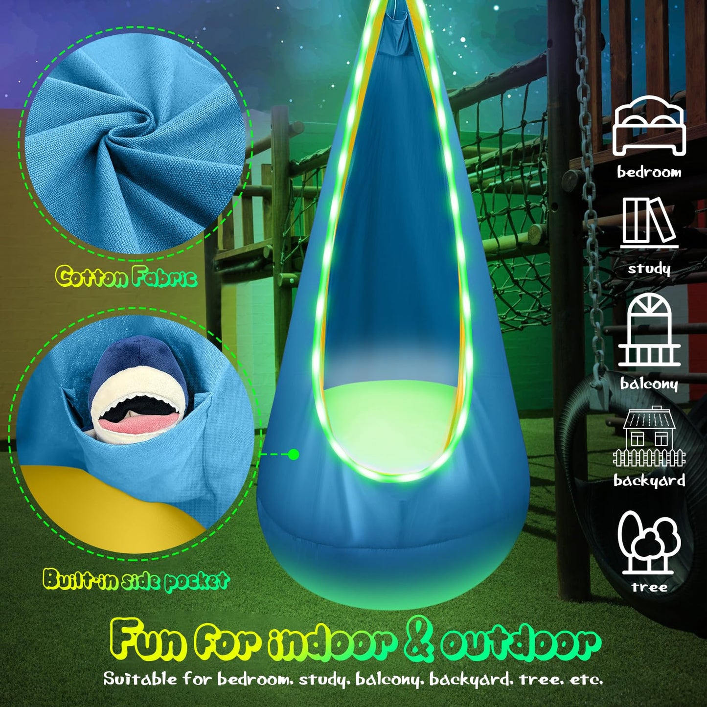 Light Up Kids Pod Swing Seat, Upgraded Kids Hanging Hammock Swing with LED Lights, Cotton Sensory Pod Swing Chair with Inflatable Pillow, Pod Swing for Kids Indoor & Outdoor (1 PCS) (Blue)
