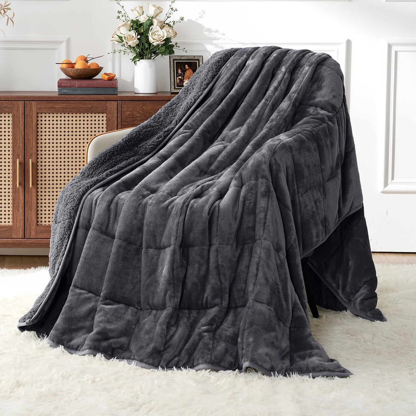 Uttermara Weighted Blankets for Adults Queen Size, 15lbs 60x80 inches Blanket with Soft Warm Plush Sherpa Fleece, Washable Thick Heavy Throw for Sleeping and Calming, Grey