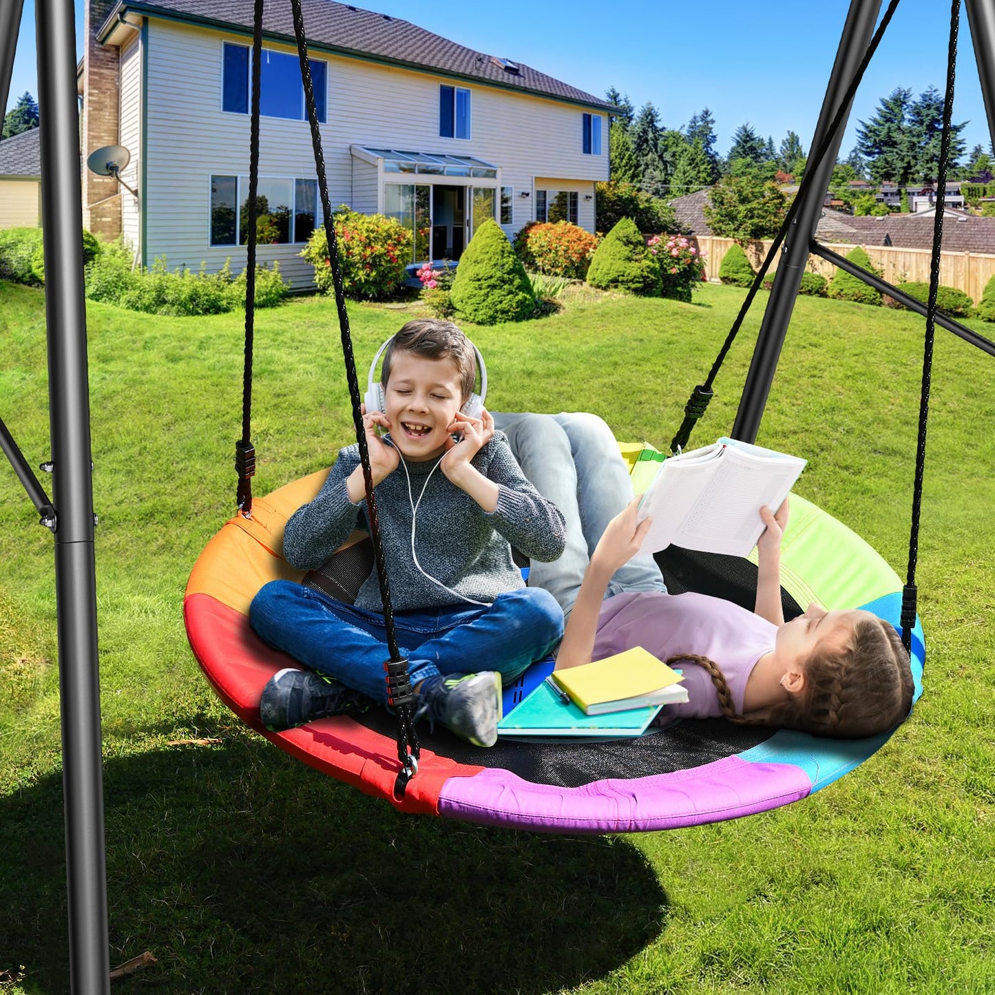 Trekassy Saucer Swing with Frame for Kids Outdoor, 440lbs Swing Set with Heavy Duty Metal Stand for Backyard, Outdoor Kids Play Equipment (Patented)