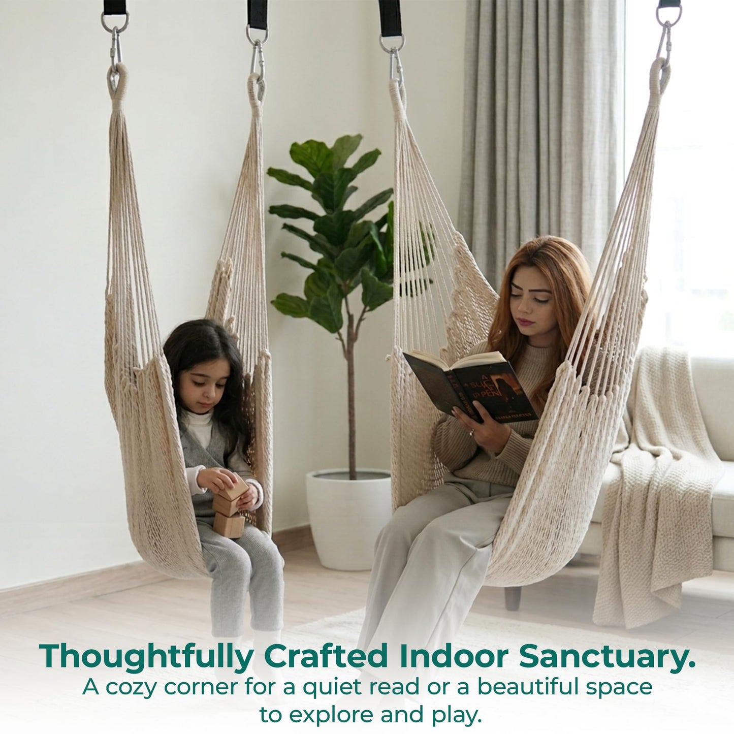 Abby & Noah Natural Handwoven Cotton Sensory Swing for Kids & Adults | Autism ADHD Therapy Swing with Hug-Like Calming Effect | Indoor Hanging Sensory Hammock | Holds Up to 300 lbs (Large-108 x76)