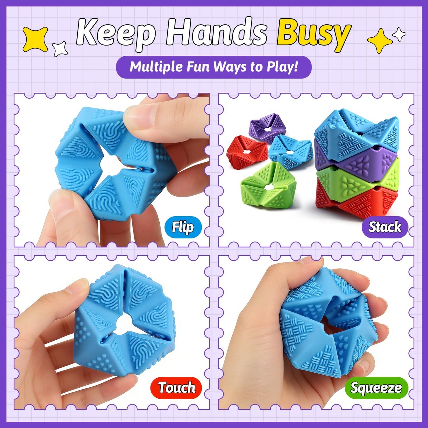Sensory Fidget Toys, 4PCS Textures Sensory Flip Cube Quiet, Silicone Anxiety Relief for Autism ADHD, Novelty Toy for Kids or Adults, Best Gifts