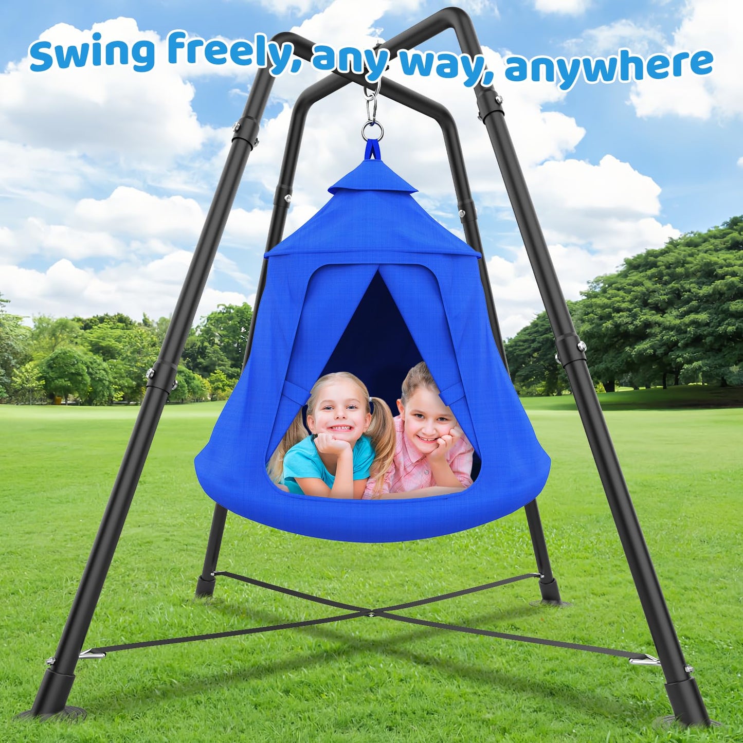 Swing Set with Tent Swing, X-Shaped Swing Frame with Sensory Swing, Metal 32mm Diameter Swing Stand with Tent Swing, 330 lbs Capacity, w/Rainbow Lights String, Indoor/Outdoor Use (Green)