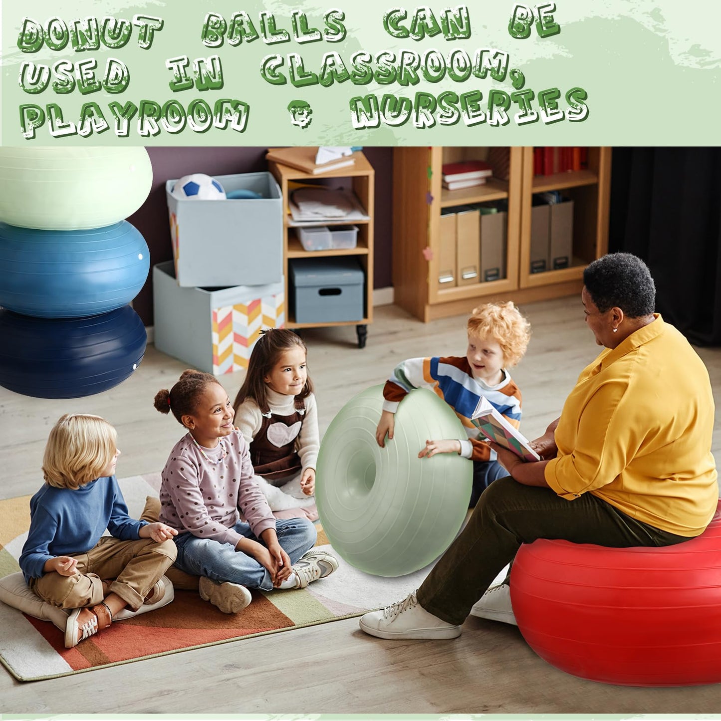 Libima 4 Pcs Flexible Seating for Classroom Inflatable Yoga Ball Chairs with Pump Donut Exercise Ball Chair Cushion Seat for Balance and Stability Training Home Office Gym Workout