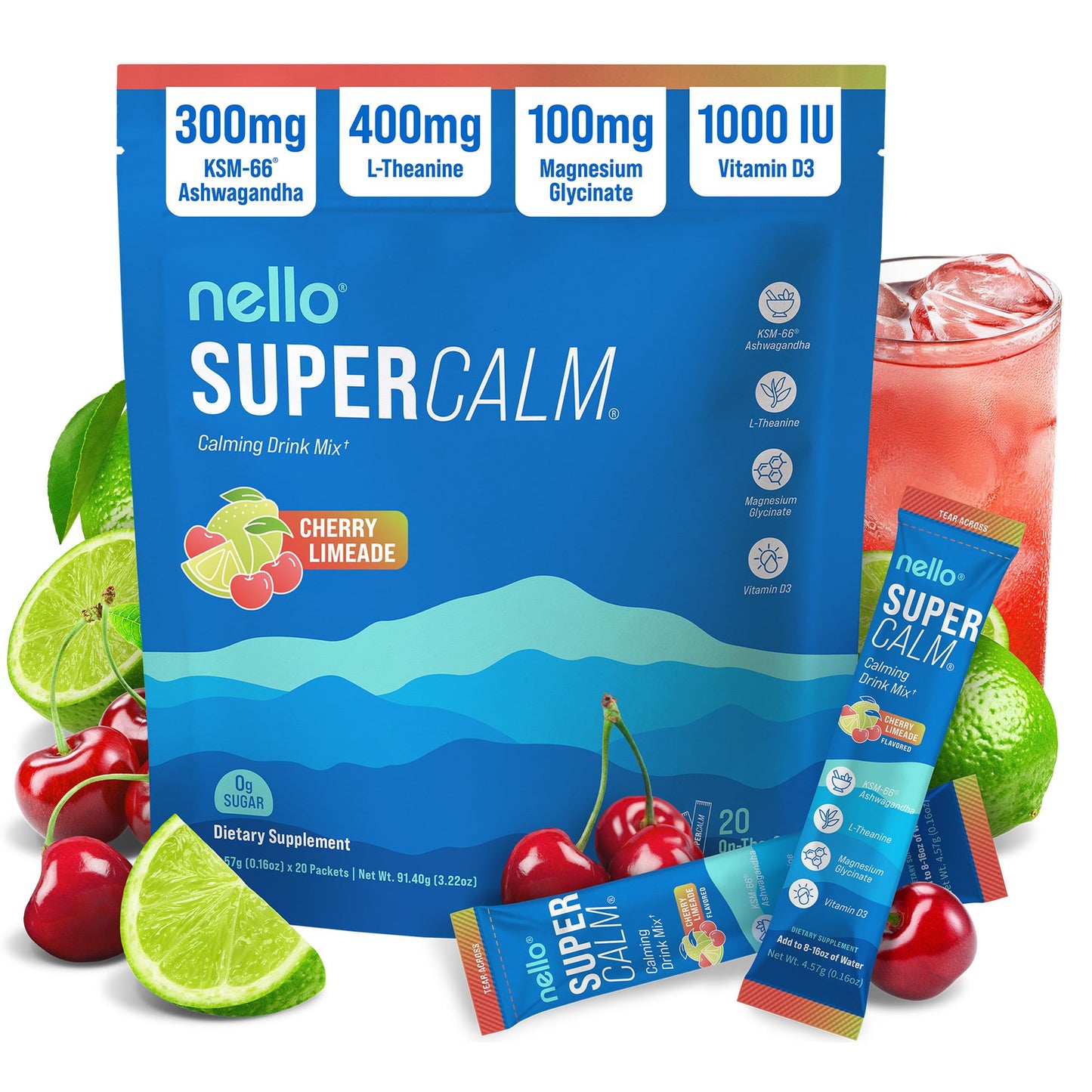 Nello Supercalm Powdered Drink Mix, Cortisol Reducer and Sleep Aid Supplement, L Theanine, Ksm-66 Ashwagandha, Magnesium Glycinate, Vitamin D 3, No Sugar, Non GMO, On The Go, 20 Ct, Raspberry Lemonade