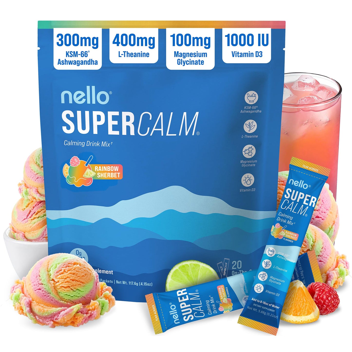 Nello Supercalm Powdered Drink Mix, Cortisol Reducer and Sleep Aid Supplement, L Theanine, Ksm-66 Ashwagandha, Magnesium Glycinate, Vitamin D 3, No Sugar, Non GMO, On The Go, 20 Ct, Raspberry Lemonade