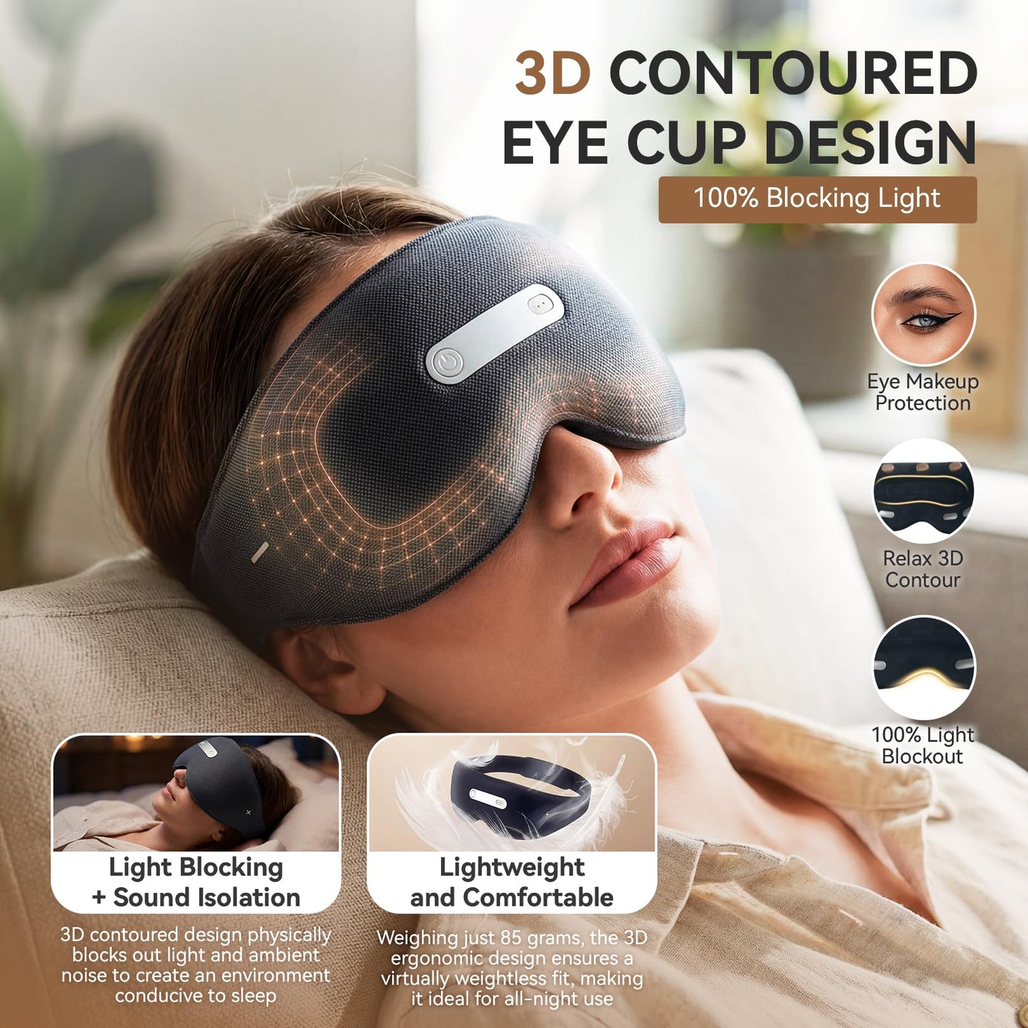 𝐀𝐈-𝐏𝐨𝐰𝐞𝐫𝐞𝐝 Neuro Sleep Eye Masks+Sleep Aid+Sleep Analysis with Hot Compress/Vibration Massage/Voice Prompt/Relaxing Music/Light Shielding/Mild Sensory Feedback/Adjustable Strap/Box, Balck