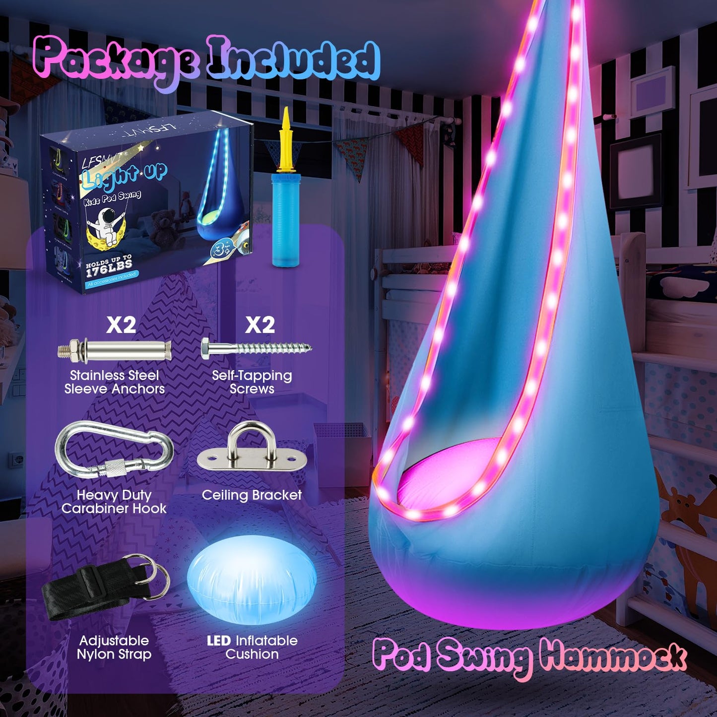 Light Up Kids Pod Swing Seat, Upgraded Kids Hanging Hammock Swing with LED Lights, Cotton Sensory Pod Swing Chair with Inflatable Pillow, Pod Swing for Kids Indoor & Outdoor (1 PCS) (Blue)