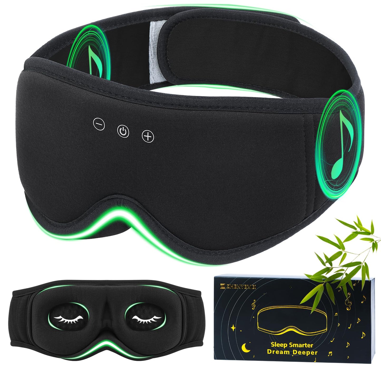 Bamboo Cotton Large Sleep Mask with Bluetooth Wireless Headphones - Blackout Eye Mask for Sleeping 3D Contoured Sleep Eye Cover Headband Ear Plugs Low Noise Hook for Men Women Better Experience (Grey)