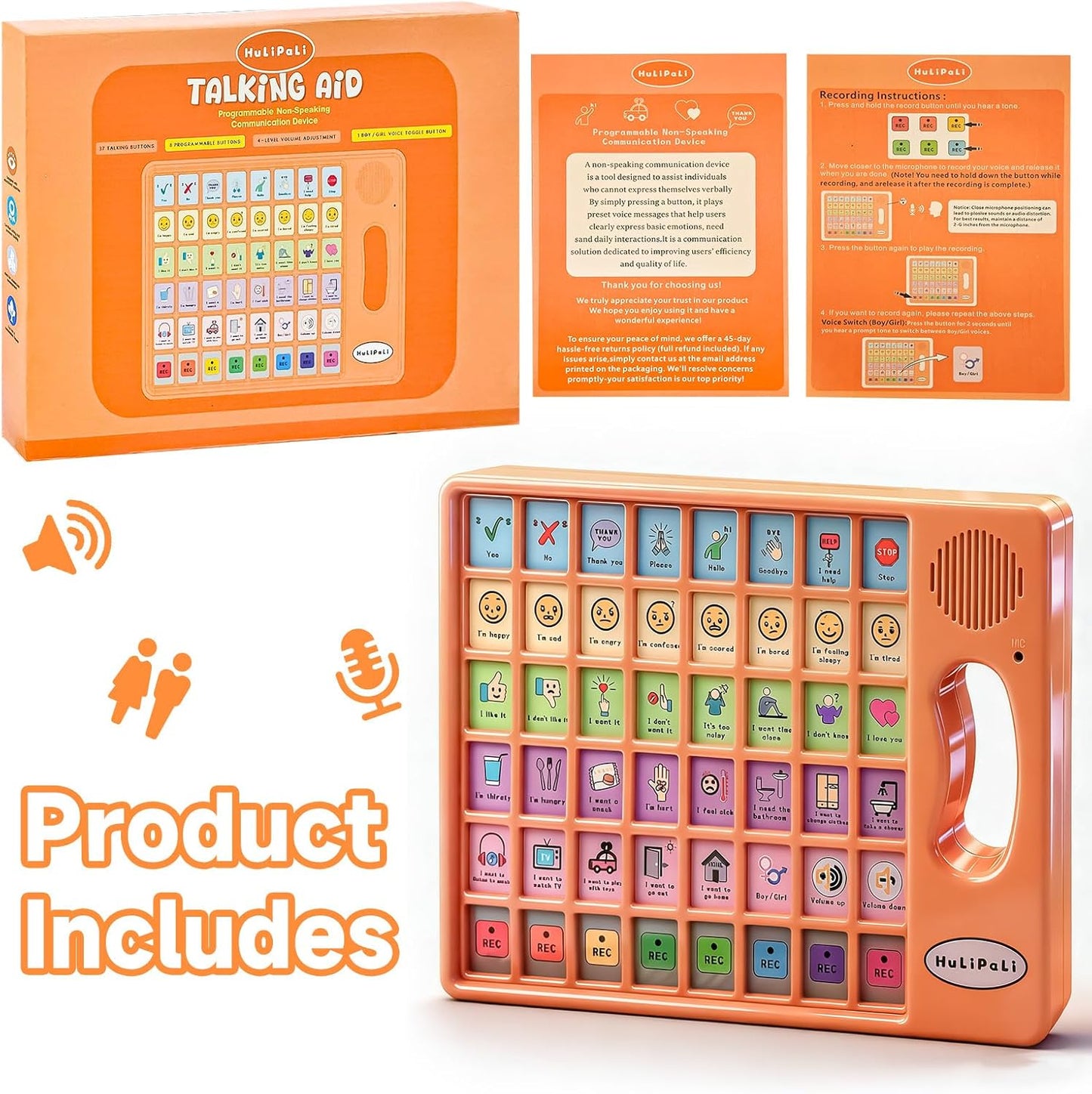 AAC Device for Autism with Grip Handle - 40 Pre-Installed Buttons & 8 Programmable Keys, Non-Verbal Communication Tool for Speech Therapy, Stroke Rehab & Aphasia, Adjustable Volume Talking Aid