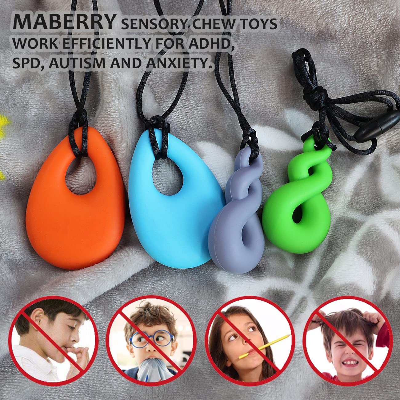 Chew Necklace for Boys and Girls, Silicone Chewy Necklace Sensory Toys for Kids Teardrop Twist Pendants, Chewing Toys for Autism or Oral Motor Special Needs BPA Free - 4 PCS Set
