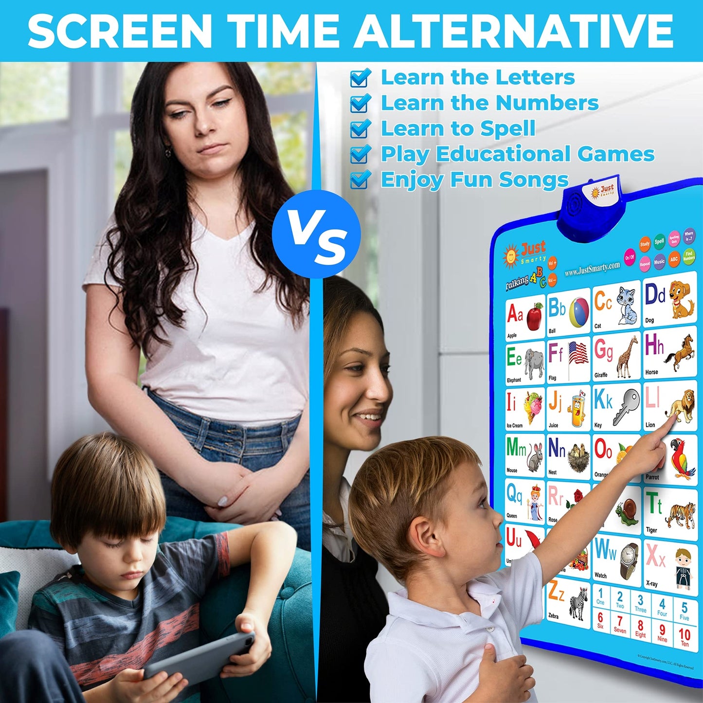 Just Smarty Interactive Alphabet Wall Chart, Blue | ABCs & 123s Learning for Toddlers 1-5, Educational Gift for Ages 1-5, Speech Therapy, Autism Toys