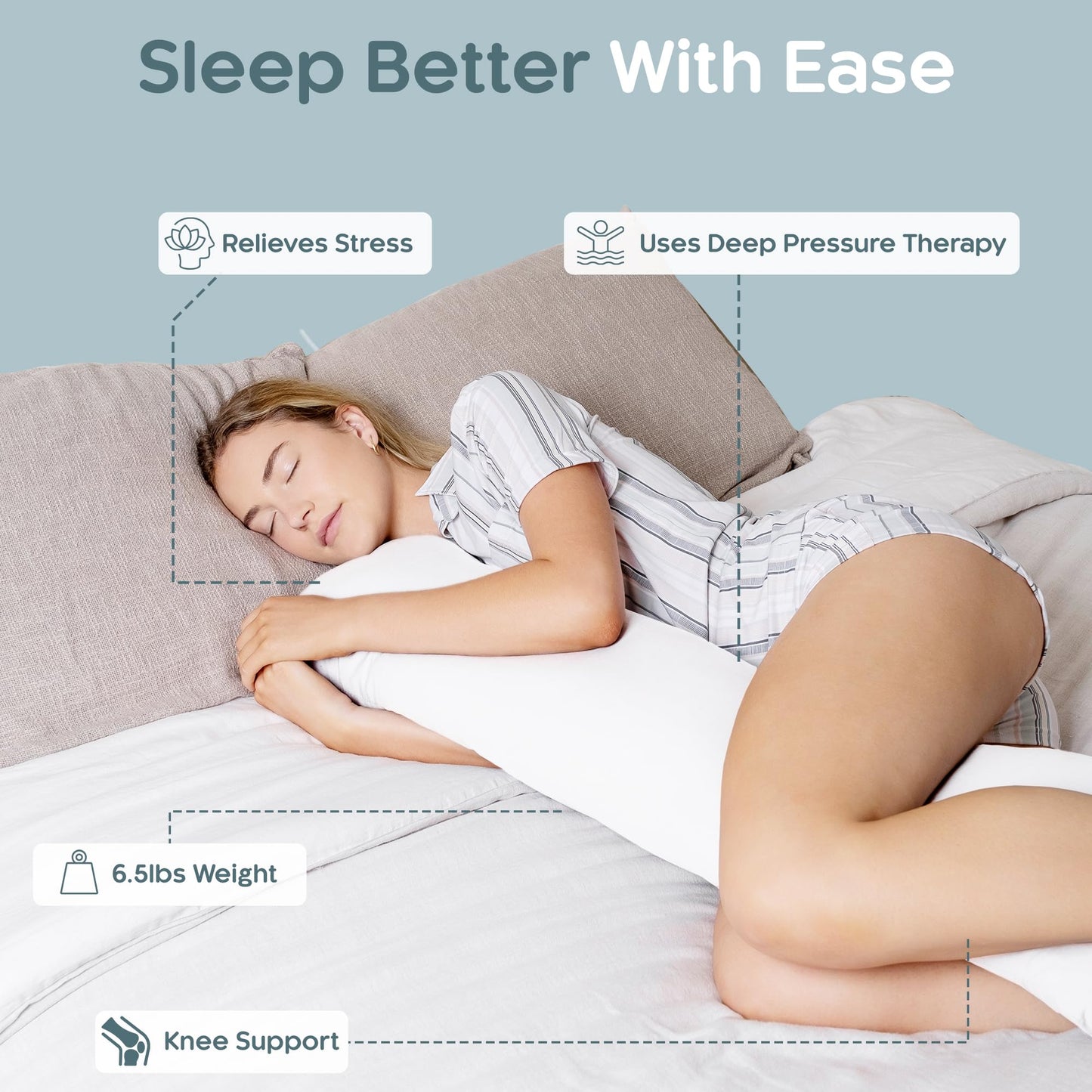 SleepCloud Weighted Body Pillow 6.5lbs - Weighted Pillow for Deeper Sleep (41" x 10") - Cooling Body Pillows for Adults, Full Body Pillow for Sleeping, Side Sleeper Body Pillow with Cover