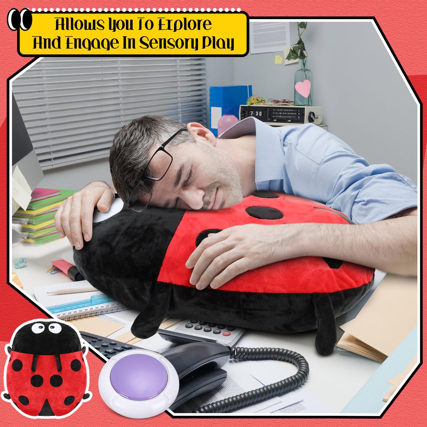 Kigley Ladybug Sensory Vibrating Pillow for Autistic Adults, Pressure Activated Vibrating Stuffed Animal Plush Soft Textured Therapy Stimulation for Relieve Pain Stress Holiday Birthday Party Gifts