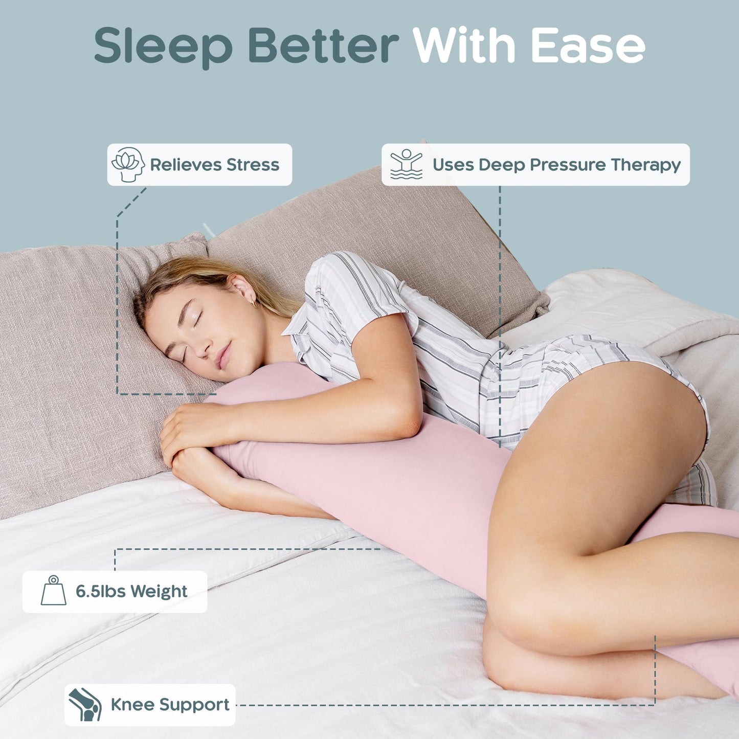 SleepCloud Weighted Body Pillow 6.5lbs - Weighted Pillow for Deeper Sleep (41" x 10") - Cooling Body Pillows for Adults, Full Body Pillow for Sleeping, Side Sleeper Body Pillow with Cover