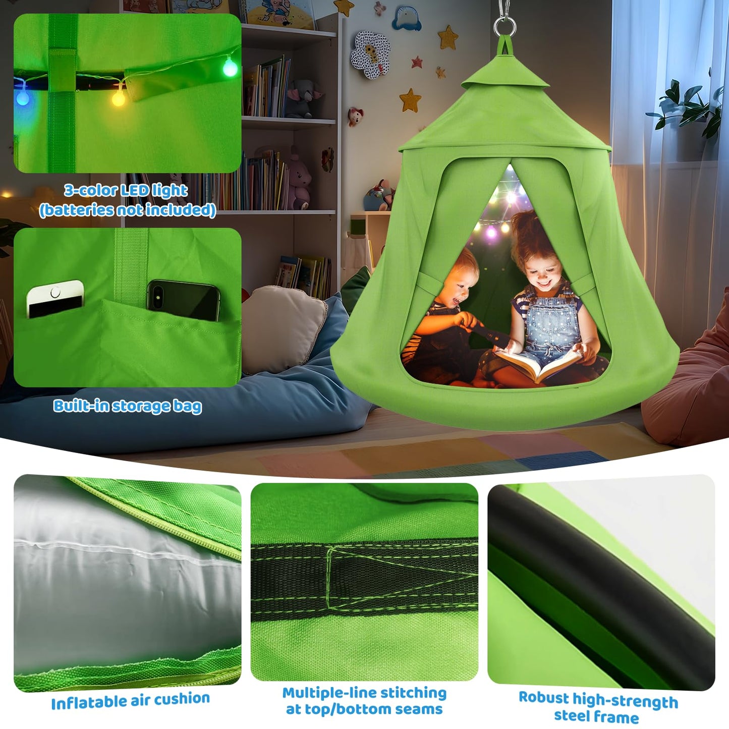 Swing Set with Tent Swing, X-Shaped Swing Frame with Sensory Swing, Metal 32mm Diameter Swing Stand with Tent Swing, 330 lbs Capacity, w/Rainbow Lights String, Indoor/Outdoor Use (Green)