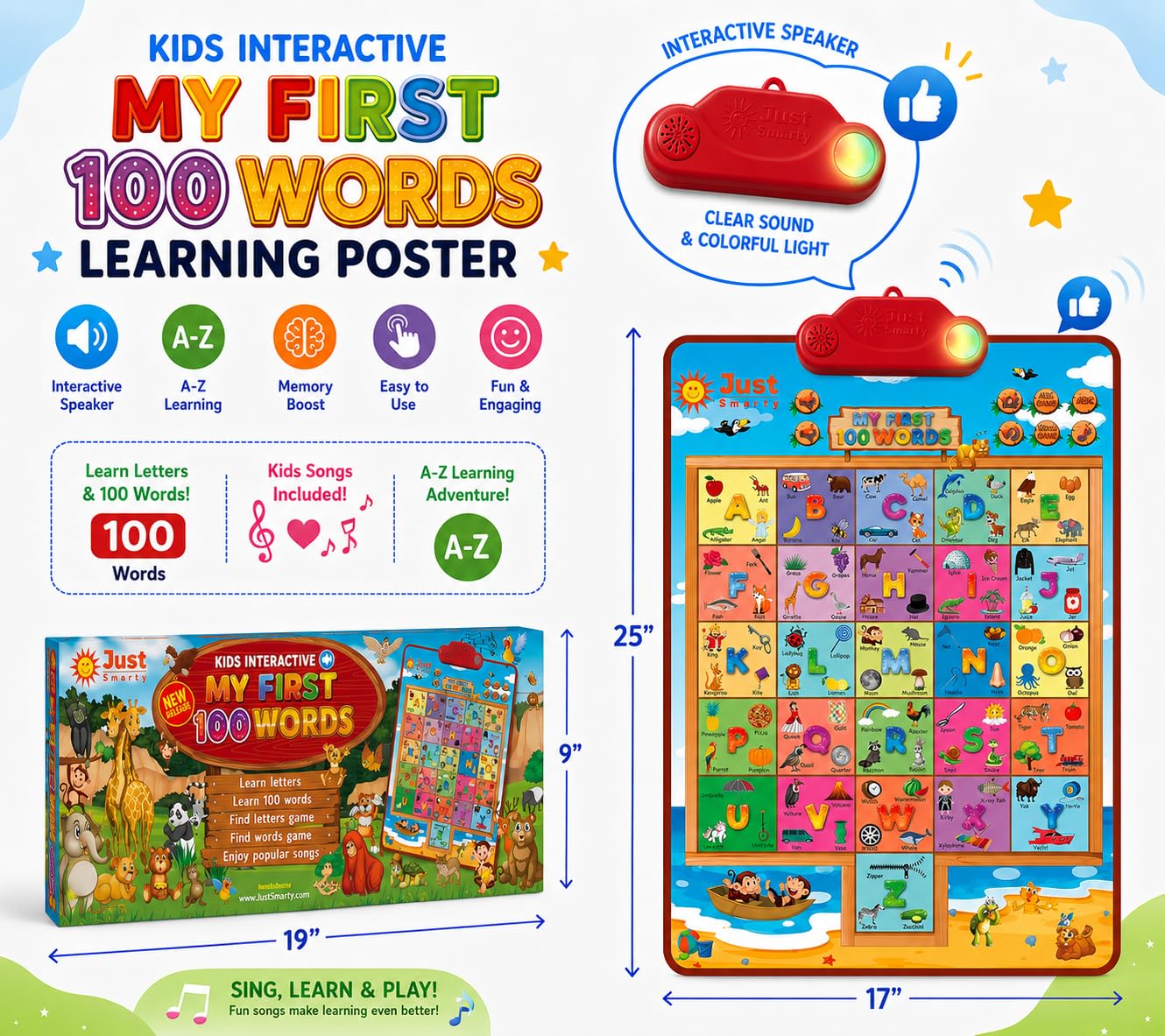 Just Smarty Interactive Alphabet Wall Chart, Blue | ABCs & 123s Learning for Toddlers 1-5, Educational Gift for Ages 1-5, Speech Therapy, Autism Toys