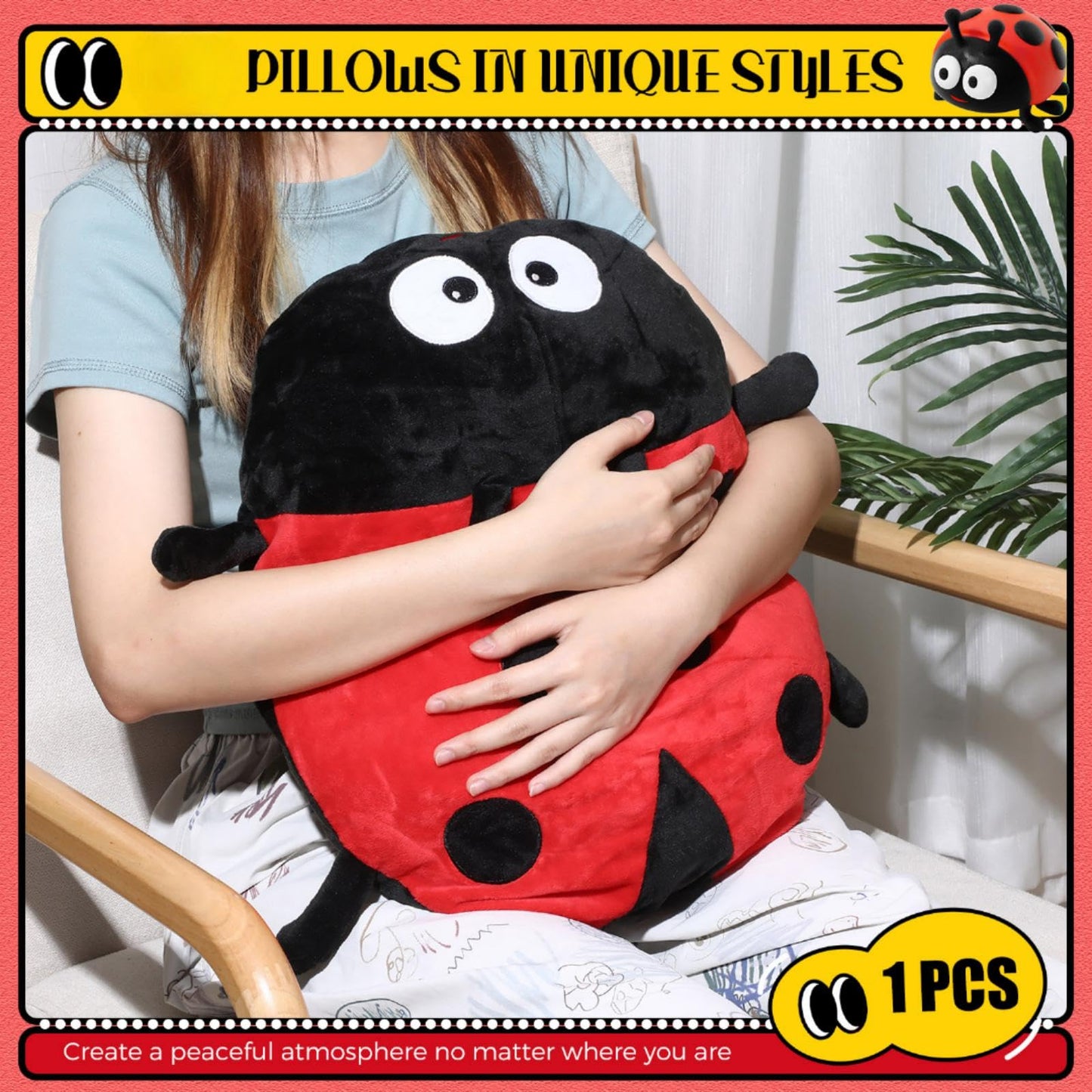Kigley Ladybug Sensory Vibrating Pillow for Autistic Adults, Pressure Activated Vibrating Stuffed Animal Plush Soft Textured Therapy Stimulation for Relieve Pain Stress Holiday Birthday Party Gifts
