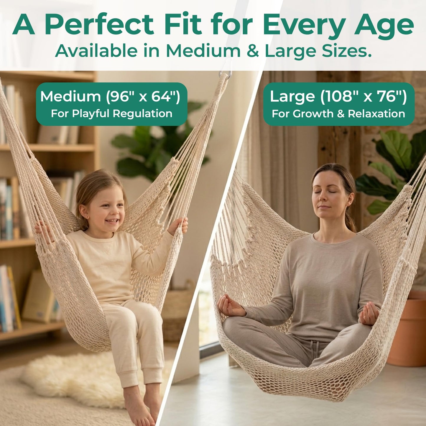 Abby & Noah Natural Handwoven Cotton Sensory Swing for Kids & Adults | Autism ADHD Therapy Swing with Hug-Like Calming Effect | Indoor Hanging Sensory Hammock | Holds Up to 300 lbs (Large-108 x76)