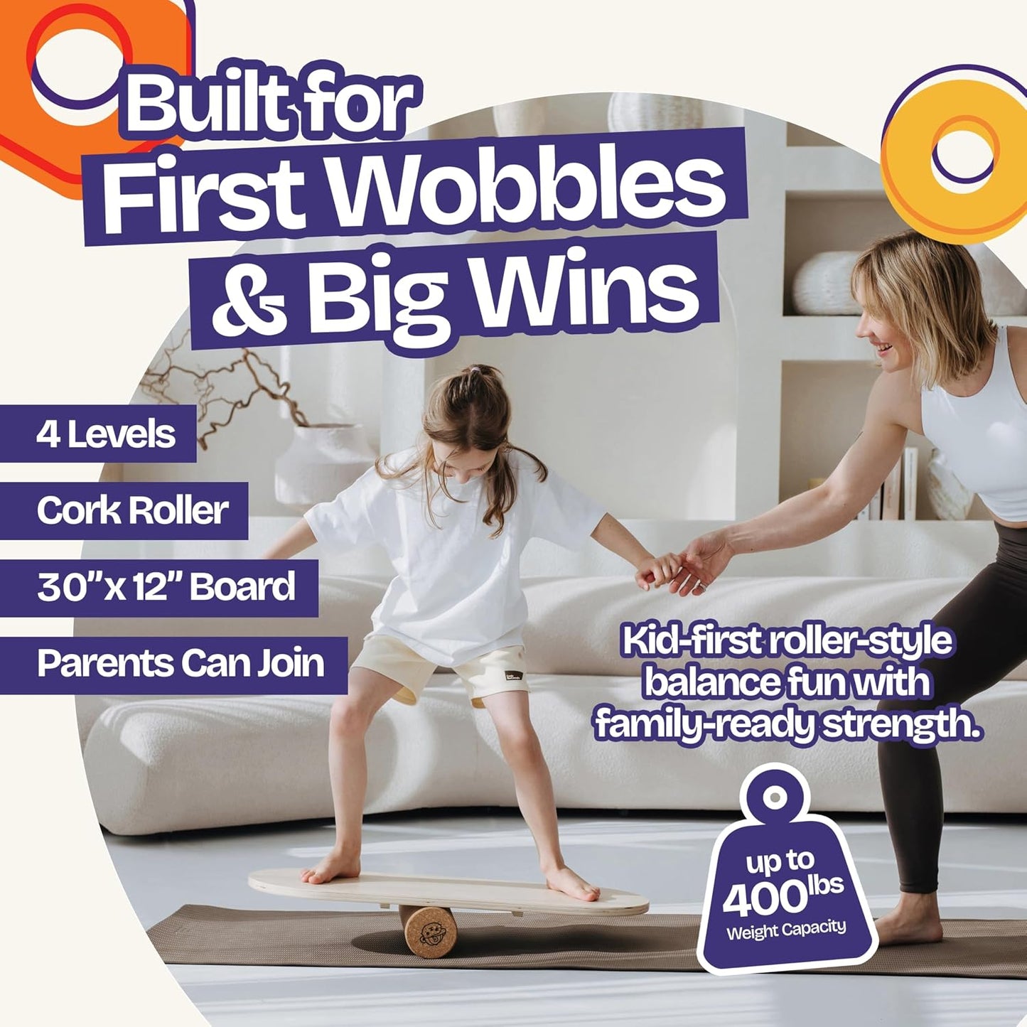 ComfyBumpy Balance Board for Kids with Cork Roller, 30" x 12" Wooden Balance Board, 4 Adjustable Levels, 400 lb Capacity, Progressive Balance Trainer for Kids, Parents & Family Play